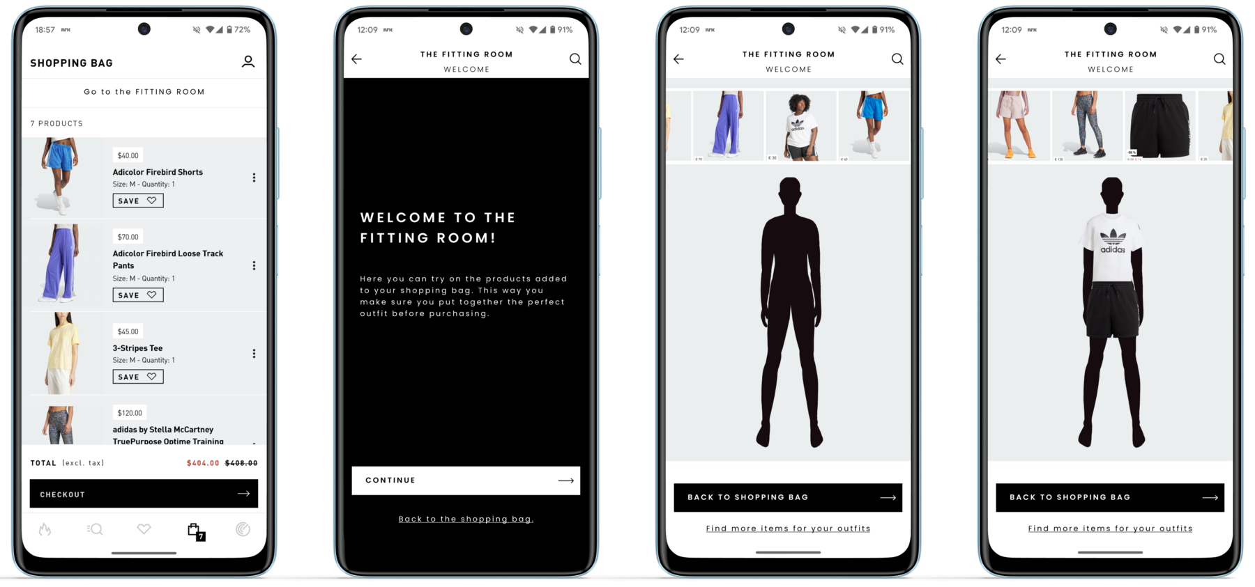 Fitting Room flow: shopping bag, welcome screen, and mannequin outfit try-on screens