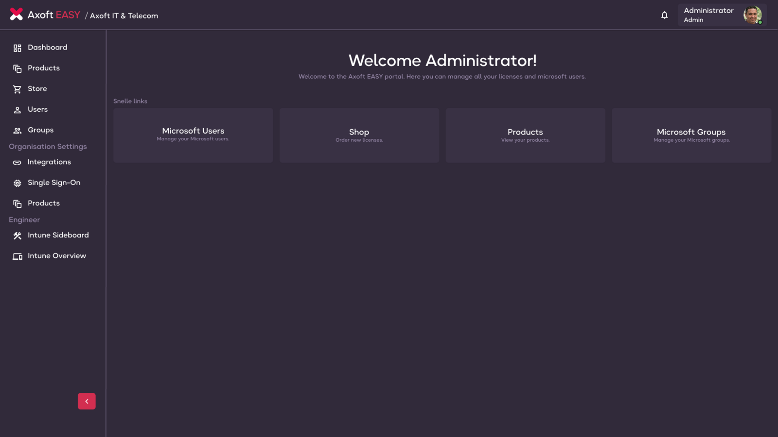 Original Axoft Easy portal dashboard, sharing the visual identity of the main Axoft website
