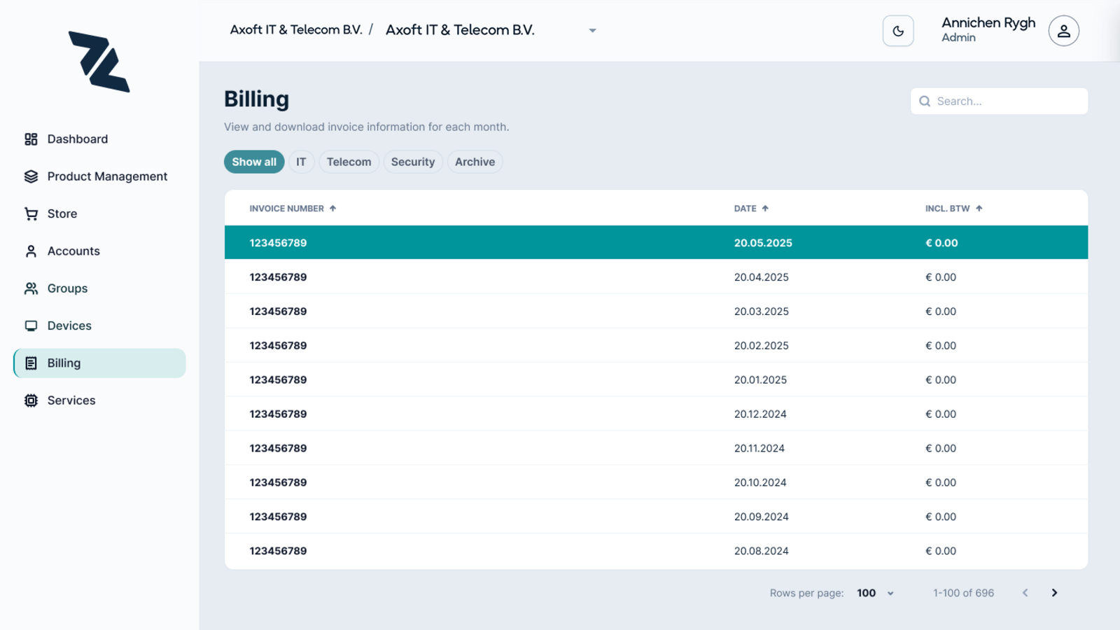 Earlier version of the Billing page