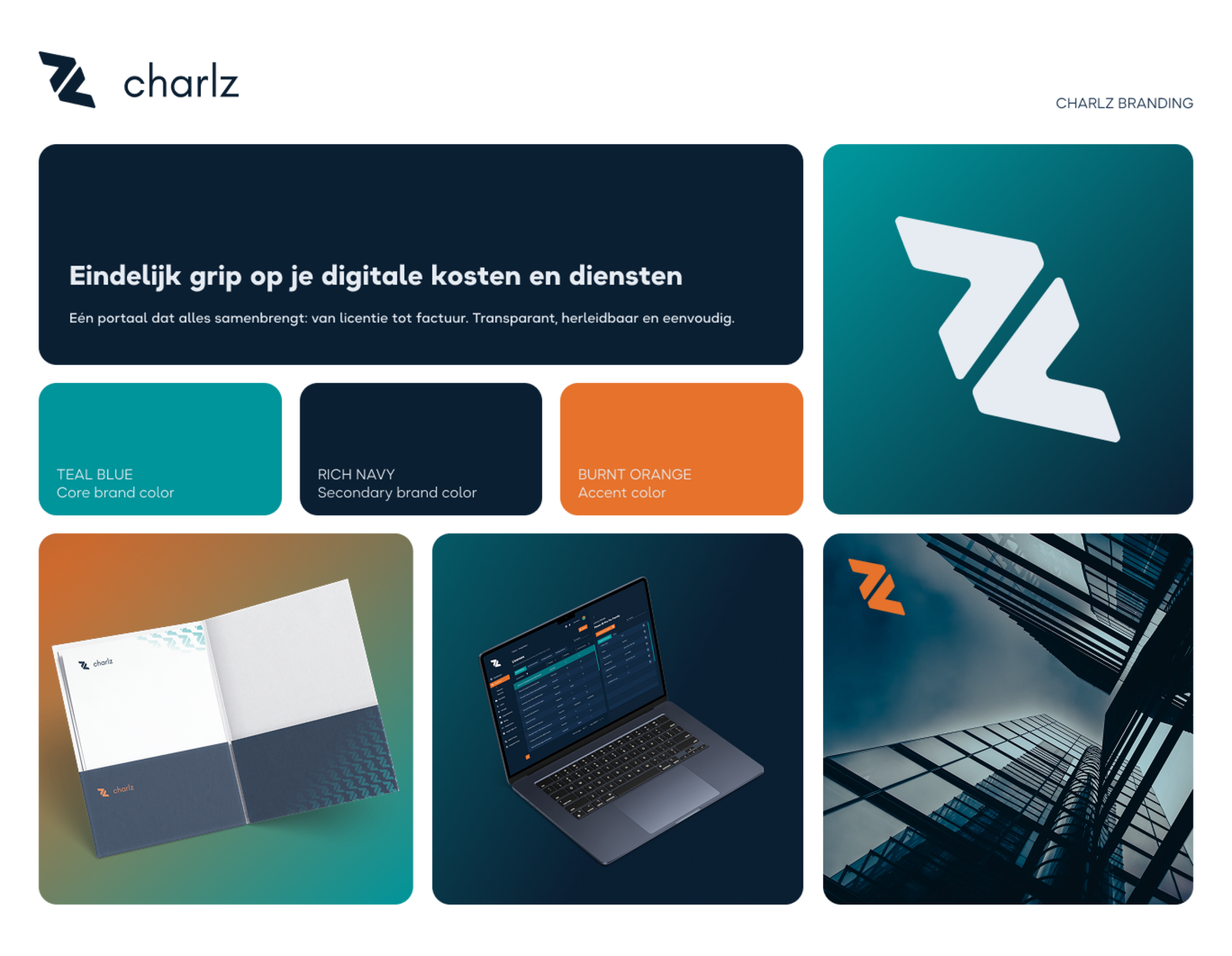 Charlz brand system: logo, core colour palette (teal blue, rich navy, burnt orange), and applications across print and product
